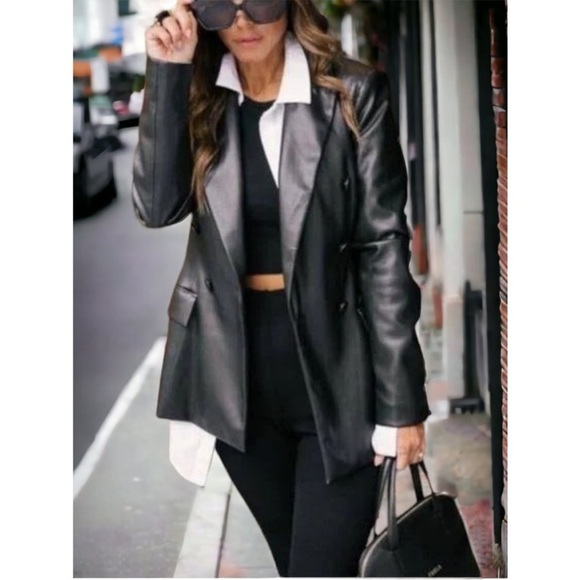 Zara Jackets & Blazers - Zara Faux Leather Double Breasted Black Blazer Small (BLOGGERS FAVORITE)